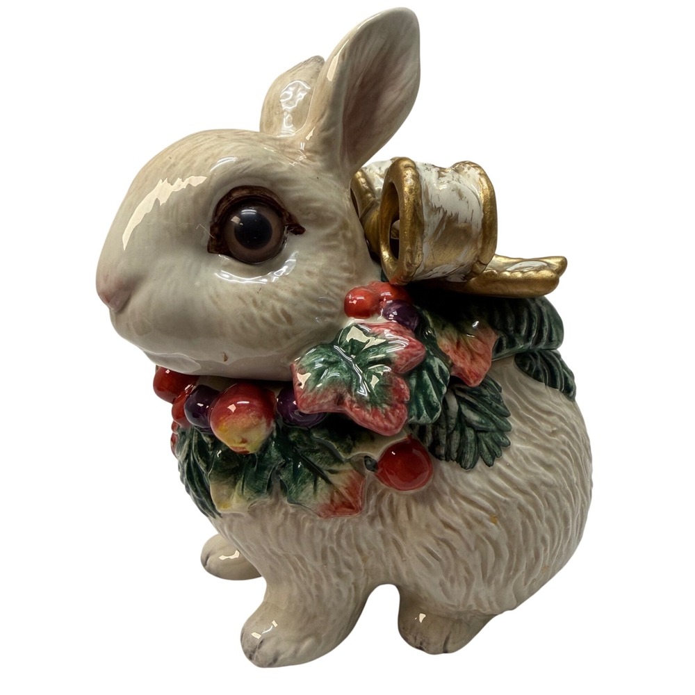 Fitz and Floyd Christmas Rabbit Trinket Box Ceramic Bunny Holly Wreath Gold Bow